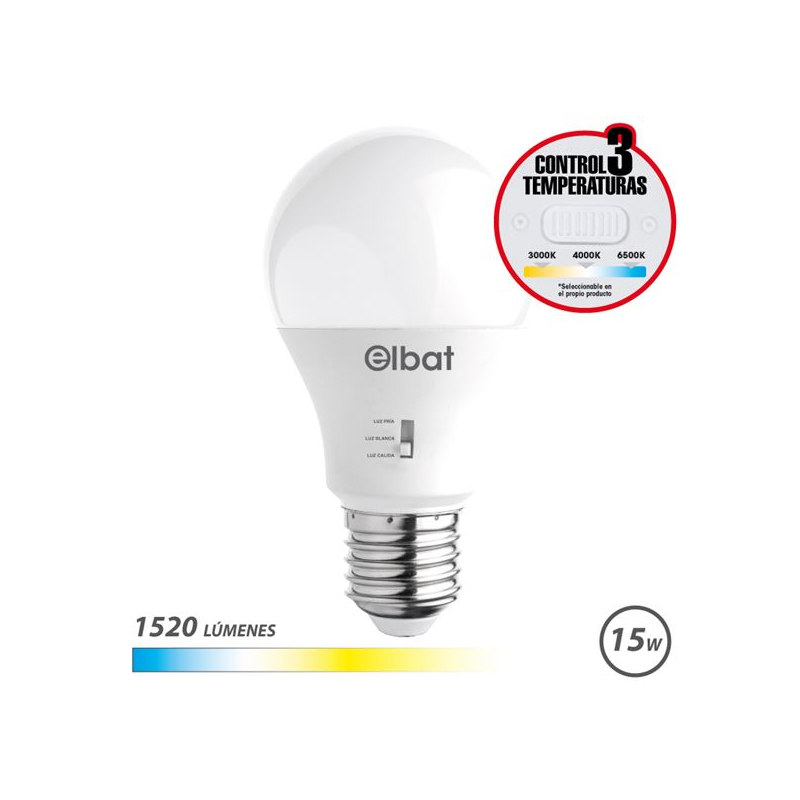 Ampoule LED Elbat A60 - 15 W - 1520 lm - Culot E27 - Sélecteur de lumière - Blanc chaud 3000 K, Blanc froid 4000 K et Blanc froi