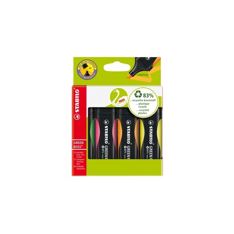 Surligneurs pastel recyclés Stabilo Green Boss lot de 4 Surligneurs pastel recyclés Stabilo Green Boss lot de 4