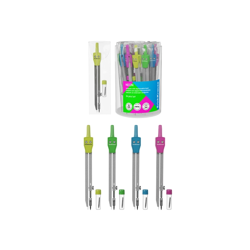 LOT de 24 Compas scolaire ErichKrause avec articulation et mine de rechange - Couleurs assorties