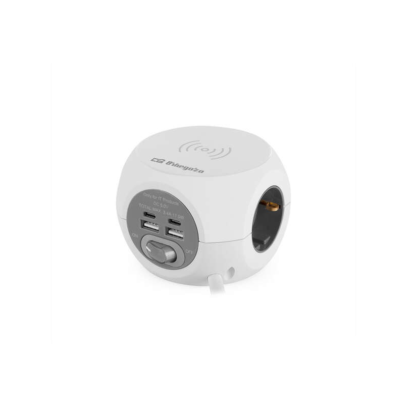 Prise Orbegozo EN 4500 8 en 1 Chargement Rapide sans Fil - 3 Prises de Terre VDE - 2 USB - 2 USB-C - Câble 1,5M - Interrupteur O