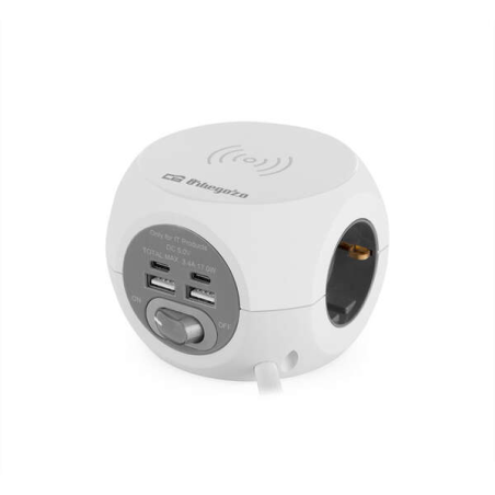 Prise Orbegozo EN 4500 8 en 1 Chargement Rapide sans Fil - 3 Prises de Terre VDE - 2 USB - 2 USB-C - Câble 1,5M - Interrupteur O
