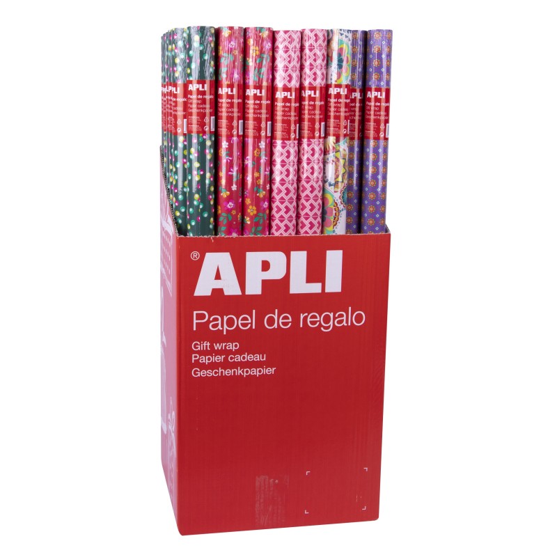 Apli Présentoir de 55 Rouleaux de Papier Cadeau Tendance - 11 Rouleaux par Couleur - Dimensions Rouleau 0,70x2m - 5 Dessins