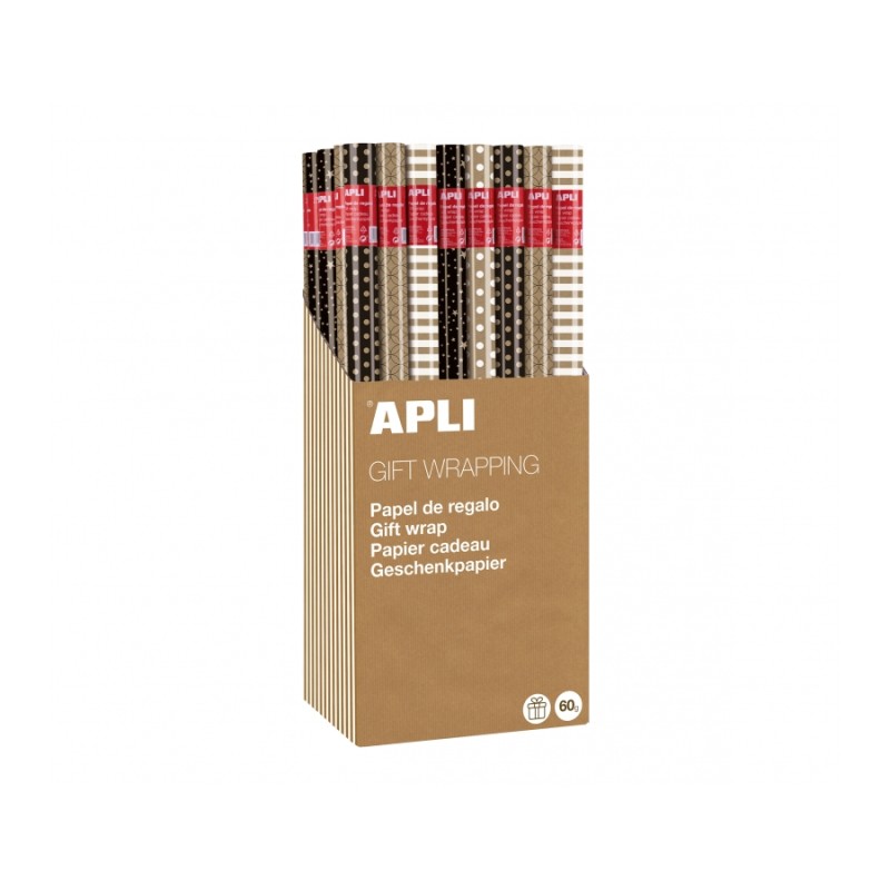 Apli Présentoir de 55 Rouleaux de Papier Cadeau Kraft Noir & Blanc - 11 Rouleaux par Couleur - Dimensions du Rouleau 0,70x2m