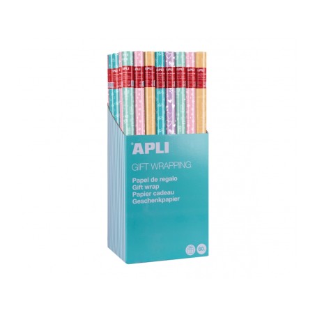 ✅ Apli Présentoir de 55 rouleaux de papier cadeau Nordik Fun - 11 rouleaux par couleur - Dimensions du rouleau en stock
