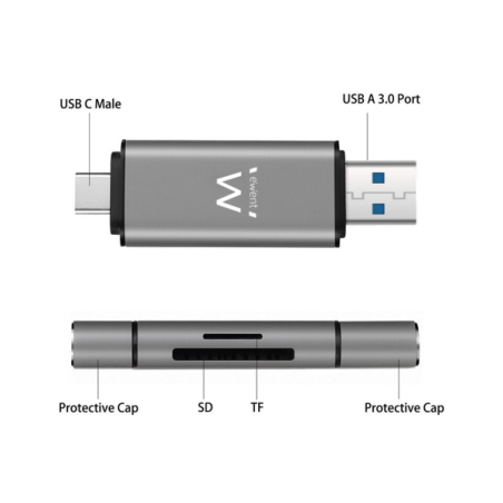 Lecteur de cartes compact USB 3.2 Gen1 (USB 3.0) Ewent EW1075 avec connecteurs USB C et USB A