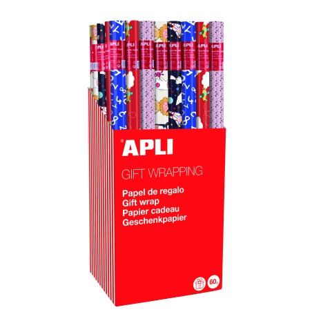 ✅ Apli Présentoir de 55 Rouleaux de Papier Cadeau Enfant - 11 Rouleaux par Couleur - Dimensions du Rouleau 0,70 en stock