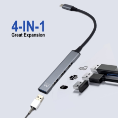 Hub USB Type-C Ewent EW1145 - 1 port USB 3.2 et 3 ports USB 2.0 - Design compact - Argent