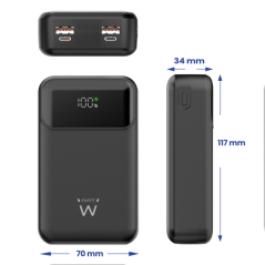 Batterie externe Ewent EW1164 20 000 mAh 65 W PD - USB-A, USB-C - Écran LED - Noir