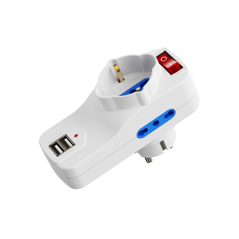 Multiprise murale 3 prises Ewent - 3 prises Schuko italiennes 10/16 A - 2 prises Schuko + 1 prise Schuko - 2 ports USB-A - Inter