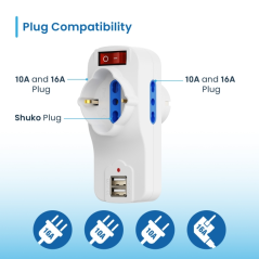 Multiprise murale 3 prises Ewent - 3 prises Schuko italiennes 10/16 A - 2 prises Schuko + 1 prise Schuko - 2 ports USB-A - Inter