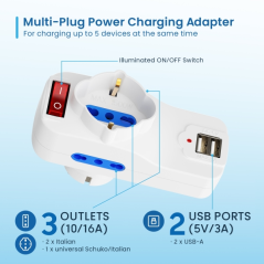 Multiprise murale 3 prises Ewent - 3 prises Schuko italiennes 10/16 A - 2 prises Schuko + 1 prise Schuko - 2 ports USB-A - Inter