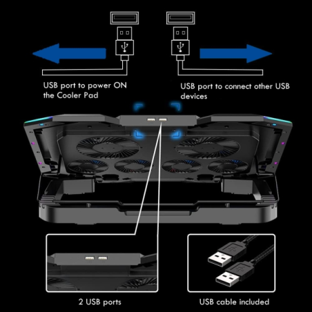 Support pour ordinateur portable Ewent jusqu'à 15,6" - 6 ventilateurs silencieux - 6 vitesses - LED RVB - Noir