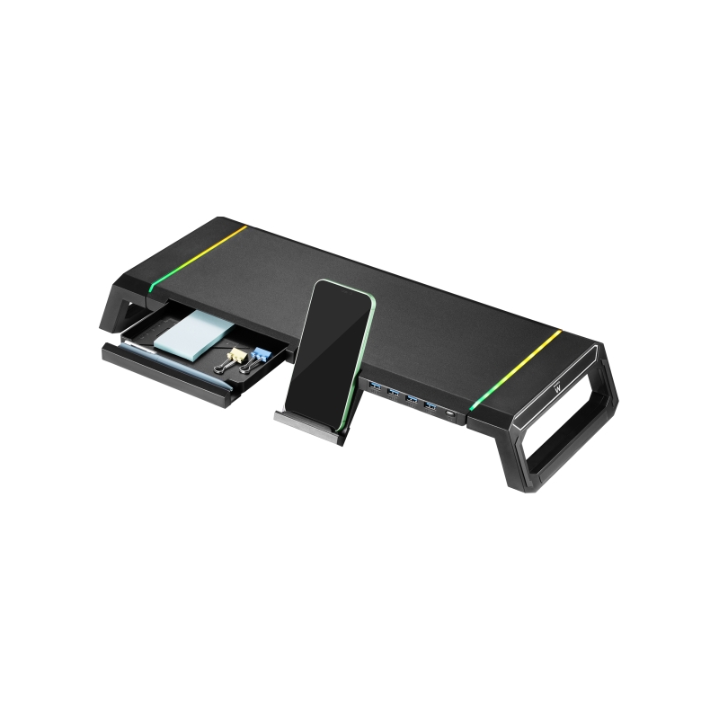 Support d'écran RVB extensible Ewent EW1268 - Pliable avec tiroir et support pour smartphone - Hub USB 3.0 4 ports - Noir