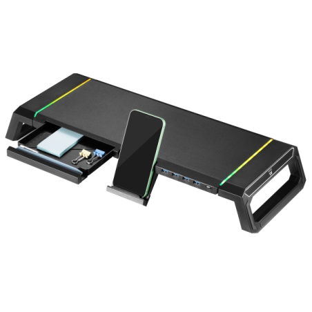 Support d'écran RVB extensible Ewent EW1268 - Pliable avec tiroir et support pour smartphone - Hub USB 3.0 4 ports - Noir