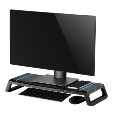 Support d'écran RVB extensible Ewent EW1268 - Pliable avec tiroir et support pour smartphone - Hub USB 3.0 4 ports - Noir