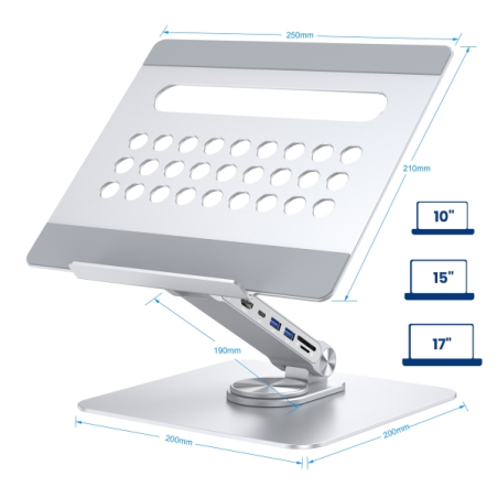 Support pour ordinateur portable Ewent - Aluminium - Multiport 7 en 1 - Rotation à 360° - Réglable - Base antidérapante - Pliabl