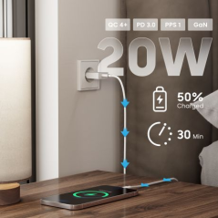 Chargeur Ewent EW1310 GAN 20 W - USB-C - Charge rapide - Haute efficacité - Blanc