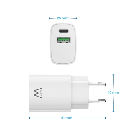 Chargeur mural Ewent USB-C/PD + USB-A/QC 20 W - Blanc