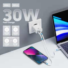Chargeur USB-C Ewent 30 W - Charge rapide et sûre - 1 port USB-A - Blanc