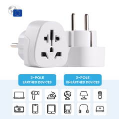 Adaptateur de voyage universel Ewent EW1480 (États-Unis, Royaume-Uni, Australie et Europe) vers Schuko (blanc)