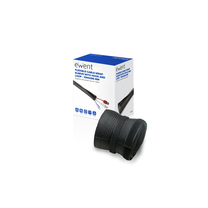 Gaine de rangement pour câbles en polyester Ewent - Fermeture Velcro - 1 m - 85 mm - Noir