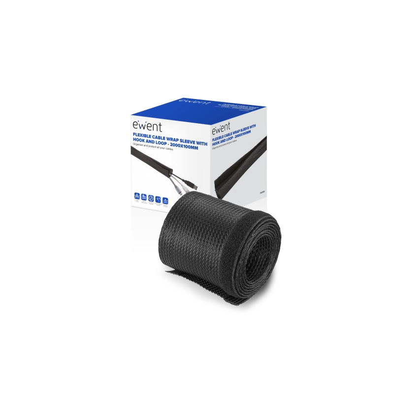 Gaine de rangement pour câbles en polyester Ewent - Fermeture Velcro - 2 m - 100 mm - Noir