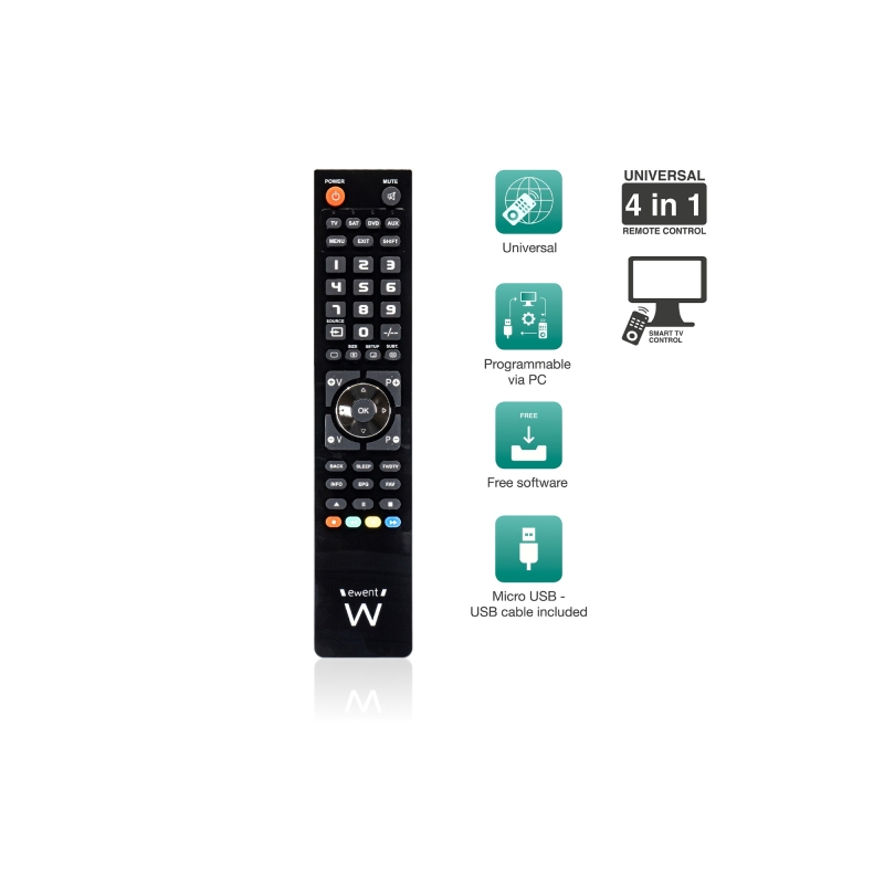 Télécommande universelle 4 en 1 Ewent - Programmable avec câble micro USB et PC - Noir