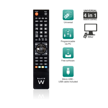 Télécommande universelle 4 en 1 Ewent - Programmable avec câble micro USB et PC - Noir