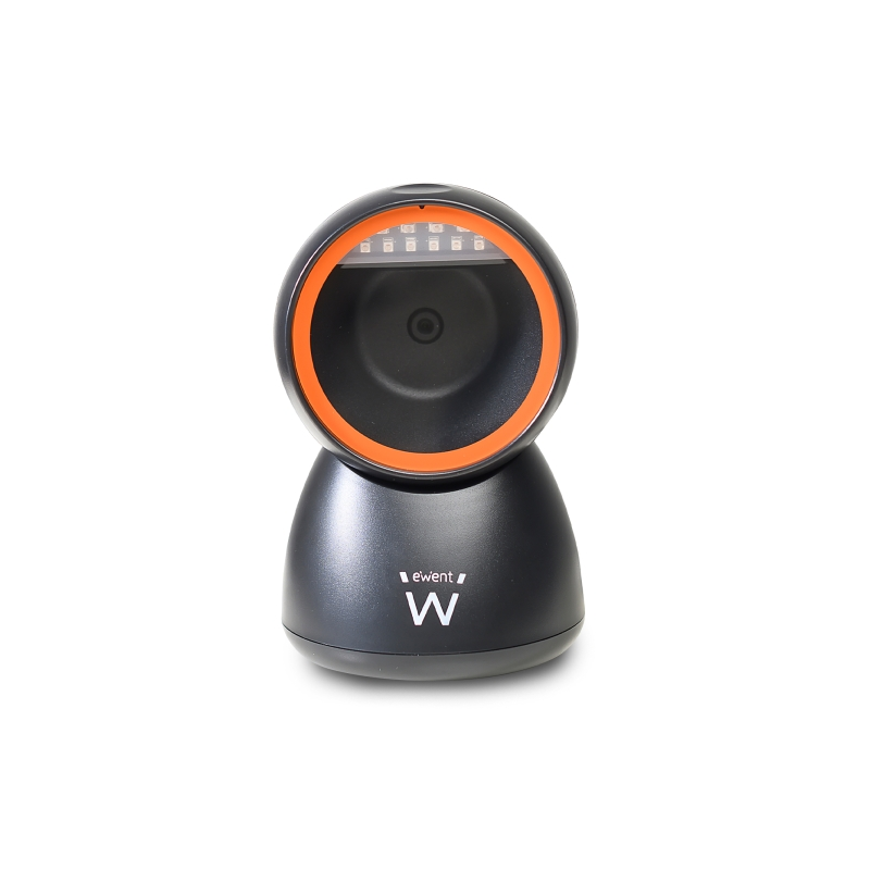 Lecteur de codes-barres de bureau Ewent - QR 1D 2D - Mains libres - Résistant aux chutes - Plug and Play - Noir/Orange