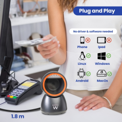 Lecteur de codes-barres de bureau Ewent - QR 1D 2D - Mains libres - Résistant aux chutes - Plug and Play - Noir/Orange