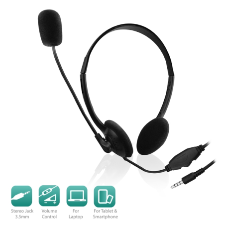 Casque de chat Ewent avec microphone et contrôle du volume - Câble de 2 m, 1 prise jack 3,5 mm 4 broches - Noir