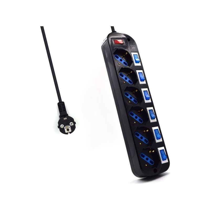 Multiprise de sécurité Ewent 6 prises - 6 prises Schuko 16 A - Protection contre les surtensions - Interrupteur marche/arrêt gén