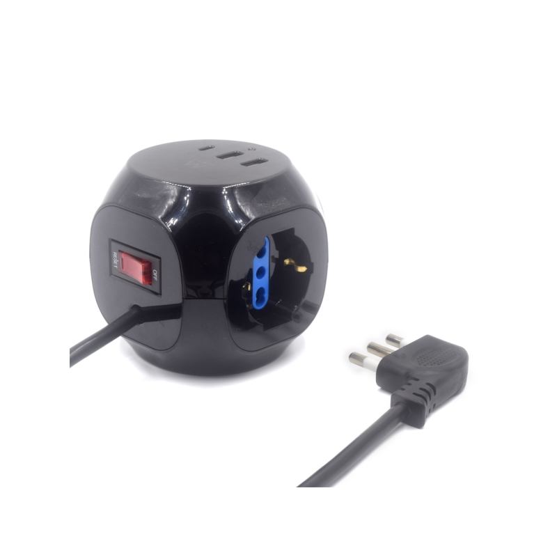 Multiprise Ewent Cube avec 6 prises de bureau - 3 prises Schuko - 2 ports USB-A - 1 port USB-C - Fiche italienne coudée plate -
