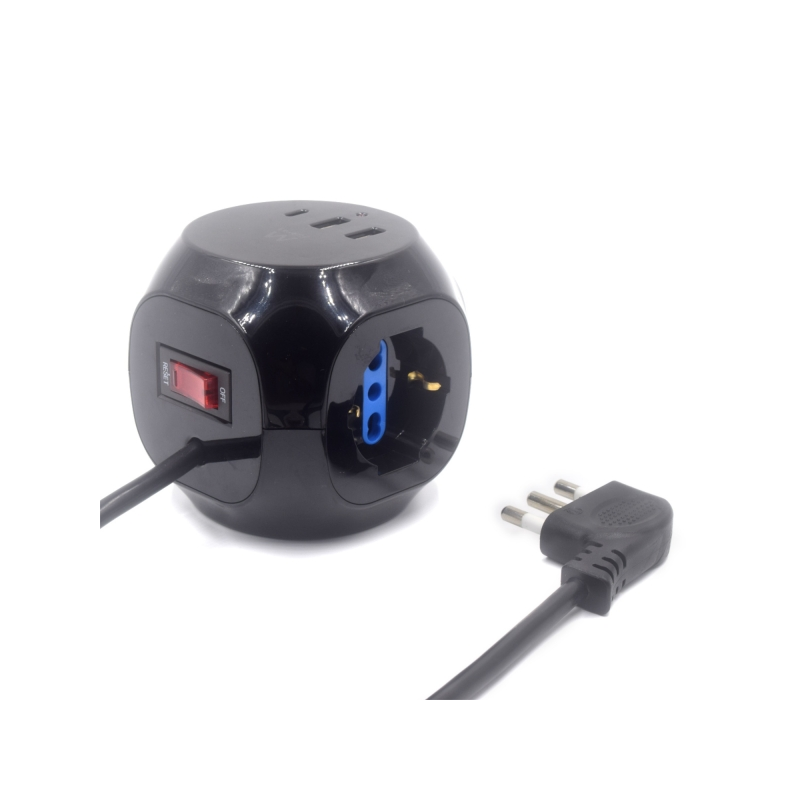 Multiprise Ewent Cube avec 6 prises de bureau - 3 prises Schuko - 2 ports USB-A - 1 port USB-C - Fiche italienne coudée plate -