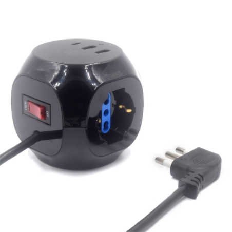 Multiprise Ewent Cube avec 6 prises de bureau - 3 prises Schuko - 2 ports USB-A - 1 port USB-C - Fiche italienne coudée plate -