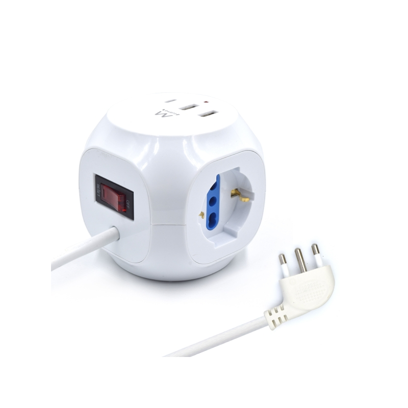 Multiprise Ewent Cube avec 6 prises de bureau - 3 prises Schuko - 2 ports USB-A - 1 port USB-C - Fiche italienne coudée plate -