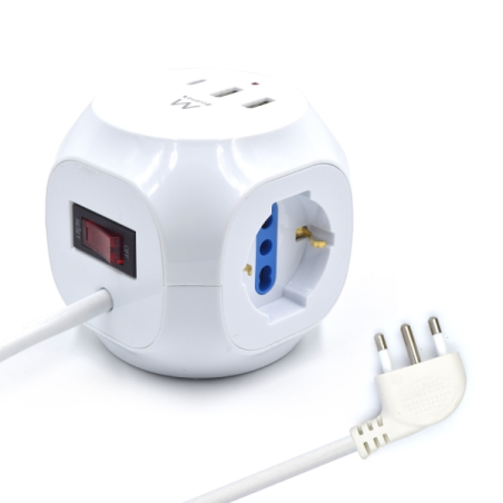 Multiprise Ewent Cube avec 6 prises de bureau - 3 prises Schuko - 2 ports USB-A - 1 port USB-C - Fiche italienne coudée plate -