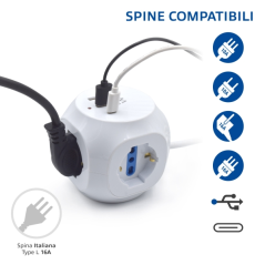 Multiprise Ewent Cube avec 6 prises de bureau - 3 prises Schuko - 2 ports USB-A - 1 port USB-C - Fiche italienne coudée plate -