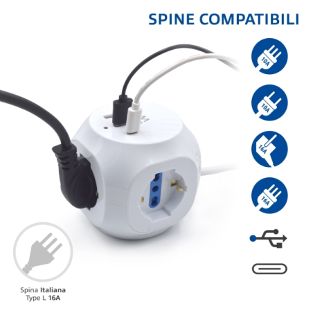 Multiprise Ewent Cube avec 6 prises de bureau - 3 prises Schuko - 2 ports USB-A - 1 port USB-C - Fiche italienne coudée plate -