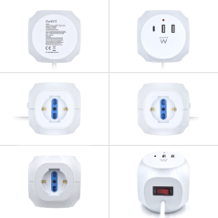 Multiprise Ewent Cube avec 6 prises de bureau - 3 prises Schuko - 2 ports USB-A - 1 port USB-C - Fiche italienne coudée plate -