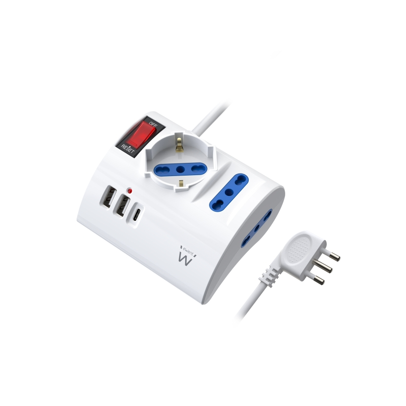 Multiprise Ewent avec 6 prises de bureau - 2 prises L + 1 prise L/F (Schuko) - 2 ports USB-A - 1 port USB-C - Fiche italienne co