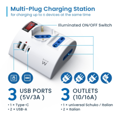 Multiprise Ewent avec 6 prises de bureau - 2 prises L + 1 prise L/F (Schuko) - 2 ports USB-A - 1 port USB-C - Fiche italienne co