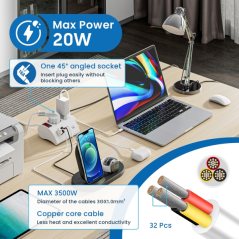 Multiprise Ewent avec 6 prises de bureau - 2 prises L + 1 prise L/F (Schuko) - 2 ports USB-A - 1 port USB-C - Fiche italienne co