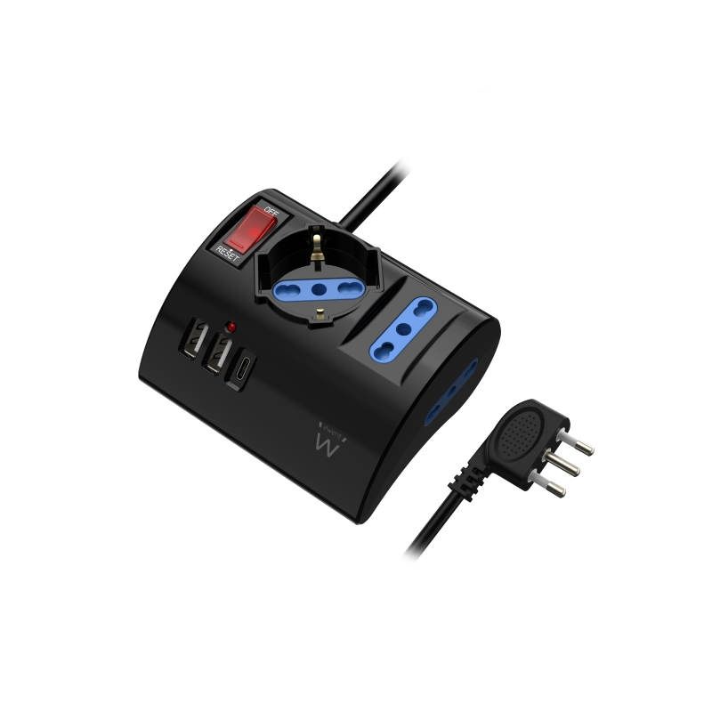 Multiprise Ewent avec 6 prises de bureau - 2 prises L + 1 prise L/F (Schuko) - 2 ports USB-A - 1 port USB-C - Fiche italienne co
