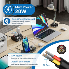 Multiprise Ewent avec 6 prises de bureau - 2 prises L + 1 prise L/F (Schuko) - 2 ports USB-A - 1 port USB-C - Fiche italienne co