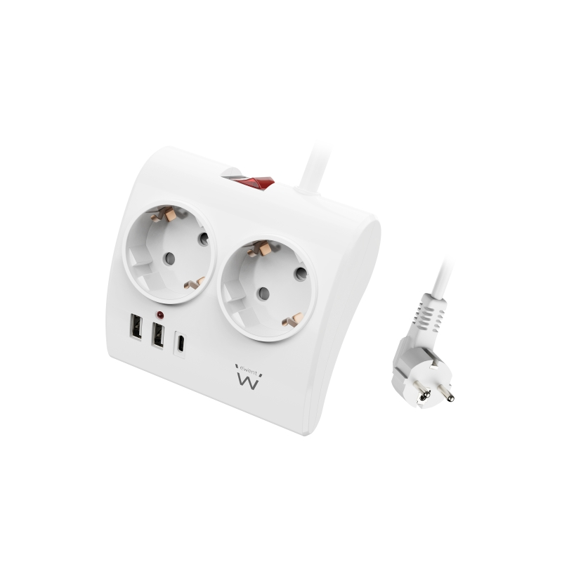 Multiprise de bureau 5 prises Ewent - 2 prises Schuko 16 A - 2 prises USB-A - 1 prise USB-C - Interrupteur marche/arrêt - Câble