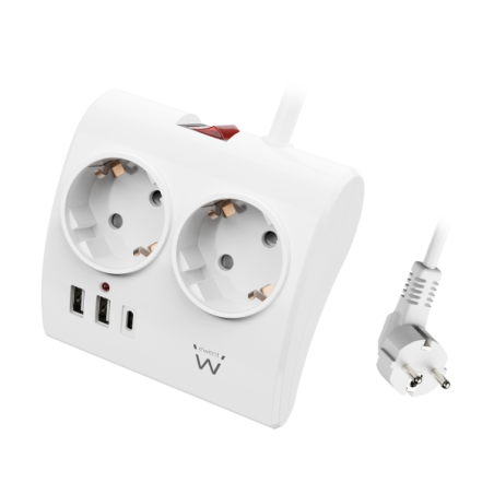 Multiprise de bureau 5 prises Ewent - 2 prises Schuko 16 A - 2 prises USB-A - 1 prise USB-C - Interrupteur marche/arrêt - Câble