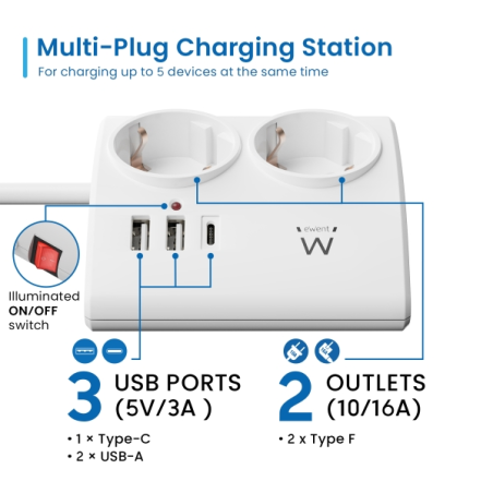 Multiprise de bureau 5 prises Ewent - 2 prises Schuko 16 A - 2 prises USB-A - 1 prise USB-C - Interrupteur marche/arrêt - Câble