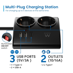 Multiprise de table 5 prises Ewent - 2 prises Schuko 16 A - 2 prises USB-A - 1 prise USB-C - Interrupteur marche/arrêt - Câble d
