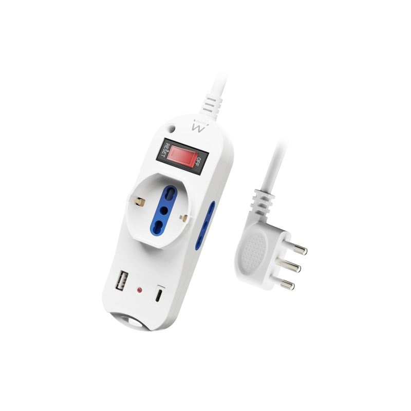 Multiprise Ewent 6 prises - 2 prises L + 1 prise L/F (Schuko) - 1 port USB-A - 1 port USB-C - Fiche italienne coudée plate - Int